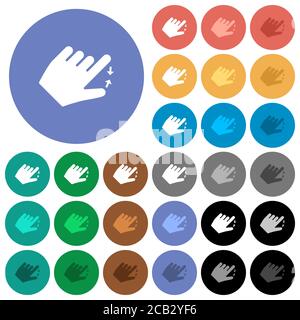 Linkshänder zusammendrücken Geste mehrfarbige flache Symbole auf runden Hintergründen. Im Lieferumfang enthalten sind weiße, helle und dunkle Symbolvarianten für Hover- und Active-STA Stock Vektor