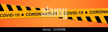 Warnband Coronavirus Quarantäne gelbe und schwarze Streifen Band auf gelbem Hintergrund, Bänder Gefahr Quarantäne, Coronavirus Vorsicht und Warnband, Stockfoto