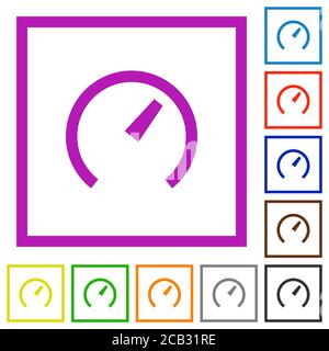Flache Farbsymbole des Tachometers in quadratischen Rahmen auf weißem Hintergrund Stock Vektor