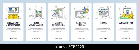 Broadcast, Print, Online-Journalismus Typen. Mobile App Onboarding Bildschirme, Vektor-Website Banner Vorlage Stock Vektor
