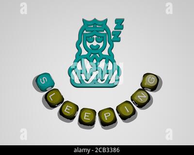 SCHLAFENDER Text um das 3D-Symbol. 3D-Illustration. Bett und niedlich Stockfoto