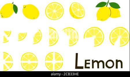 Zitrusfrüchte. Zitronen. Zitrone ganz und geschnitten, halb und in Scheiben geschnitten. Vitamin C. Satz von positiven modernen Vektor-Elemente in gelben und grünen Farben isoliert auf Stock Vektor