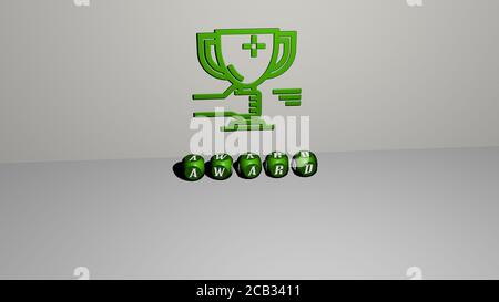 Award 3D-Symbol an der Wand und Text von kubischen Alphabeten auf dem Boden. 3D-Illustration. Hintergrund und Design Stockfoto