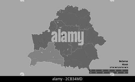 Die entsättigte Form Weißrussland mit seiner Hauptstadt, der hauptsächlichen regionalen Teilung und der abgetrennten Brestischen Fläche. Beschriftungen. Höhenkarte mit zwei Ebenen. 3D-Rendering Stockfoto