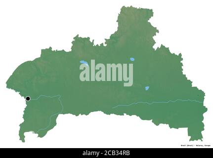 Die Gestalt Brests, die Region Weißrussland, mit seiner Hauptstadt auf dem weißen Hintergrund isoliert. Topografische Reliefkarte. 3D-Rendering Stockfoto