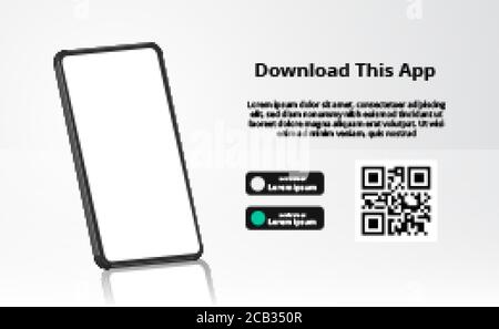 Landing Page Banner Werbung zum Download App für Handy, 3D-Smartphone mit Reflexion auf dem Boden. Download-Tasten mit Scan-qr-Code t Stock Vektor