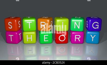 STRING-THEORIE angeordnet durch kubische Buchstaben auf einem Spiegelboden, ideal für Konzept Bedeutung und Präsentationen. Hintergrund und Illustration. 3D-Illustration Stockfoto