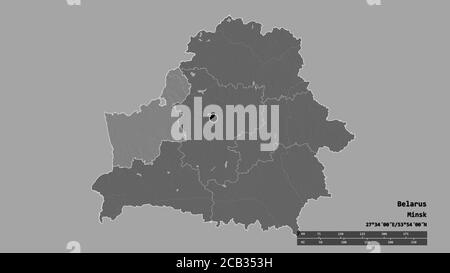 Die entsättigte Form Weißrussland mit seiner Hauptstadt, der wichtigsten regionalen Teilung und dem abgetrennten Gebiet Hrodna. Beschriftungen. Höhenkarte mit zwei Ebenen. 3D-Rendering Stockfoto