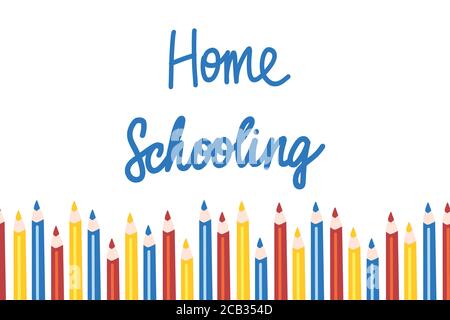 Schulbildung zu Hause. Vektorgrafik Vorlage in flacher Form. Grundschule, zurück zur Schule, handgeschriebene Vektorgrafik Stock Vektor