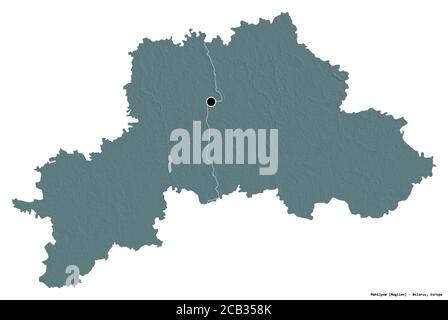 Form von Mahilyow, Region Weißrussland, mit seiner Hauptstadt isoliert auf weißem Hintergrund. Farbige Höhenkarte. 3D-Rendering Stockfoto