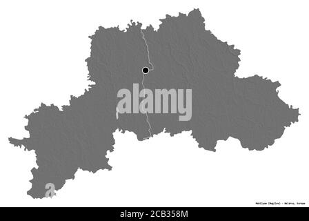 Form von Mahilyow, Region Weißrussland, mit seiner Hauptstadt isoliert auf weißem Hintergrund. Höhenkarte mit zwei Ebenen. 3D-Rendering Stockfoto