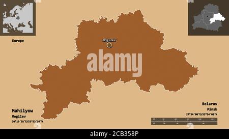 Form von Mahilyow, Region Weißrussland, und seine Hauptstadt. Entfernungsskala, Vorschauen und Beschriftungen. Komposition von gemusterten Texturen. 3D-Rendering Stockfoto