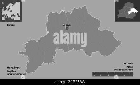 Form von Mahilyow, Region Weißrussland, und seine Hauptstadt. Entfernungsskala, Vorschauen und Beschriftungen. Höhenkarte mit zwei Ebenen. 3D-Rendering Stockfoto