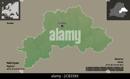 Form von Mahilyow, Region Weißrussland, und seine Hauptstadt. Entfernungsskala, Vorschauen und Beschriftungen. Topografische Reliefkarte. 3D-Rendering Stockfoto