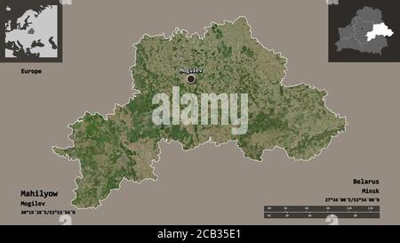 Form von Mahilyow, Region Weißrussland, und seine Hauptstadt. Entfernungsskala, Vorschauen und Beschriftungen. Satellitenbilder. 3D-Rendering Stockfoto