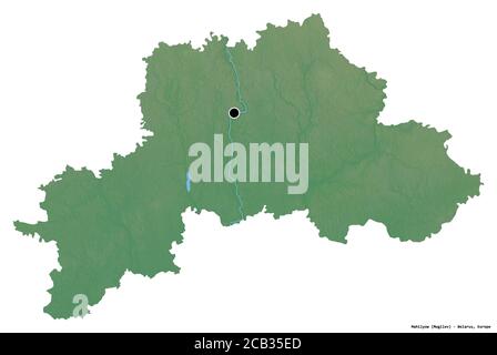 Form von Mahilyow, Region Weißrussland, mit seiner Hauptstadt isoliert auf weißem Hintergrund. Topografische Reliefkarte. 3D-Rendering Stockfoto