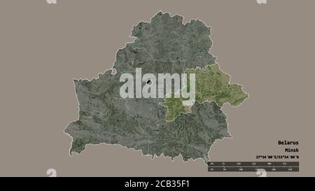 Entsättigte Form Weißrussland mit seiner Hauptstadt, der Hauptregionalabteilung und dem abgetrennten Mahiljow-Gebiet. Beschriftungen. Satellitenbilder. 3D-Rendering Stockfoto