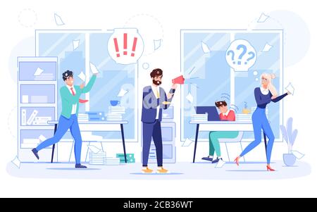Wütender Chef, Mitarbeiterteam in Panik am Arbeitsplatz Stock Vektor