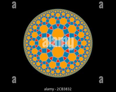 Hyperflyed blaue und rote Kreise auf orangefarbener Basis, isoliert auf schwarzem, computergenerierter abstrakter Hintergrund, 3D-Rendering Stockfoto