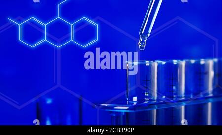 Ein Tropfen fällt von einer Pipette in ein Reagenzglas auf blauem Hintergrund. Stockfoto