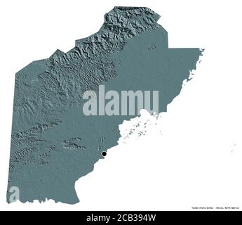 Form von Toledo, Bezirk von Belize, mit seiner Hauptstadt isoliert auf weißem Hintergrund. Farbige Höhenkarte. 3D-Rendering Stockfoto