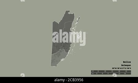 Entsättigte Form von Belize mit seiner Hauptstadt, Hauptregionalteilung und dem abgetrennten Toledo-Gebiet. Beschriftungen. Farbige Höhenkarte. 3D-Rendering Stockfoto