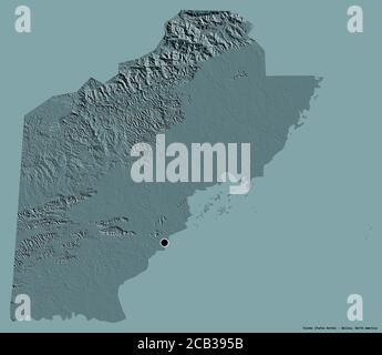 Form von Toledo, Bezirk von Belize, mit seiner Hauptstadt isoliert auf einem einfarbigen Hintergrund. Farbige Höhenkarte. 3D-Rendering Stockfoto