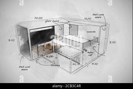 Architekturkonzept: Handgezeichnetes Skizzenhaus Stockfoto