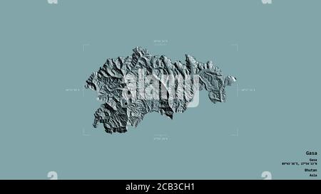 Bereich von Gasa, Bezirk von Bhutan, isoliert auf einem soliden Hintergrund in einem georeferenzierten Begrenzungsrahmen. Beschriftungen. Farbige Höhenkarte. 3D-Rendering Stockfoto