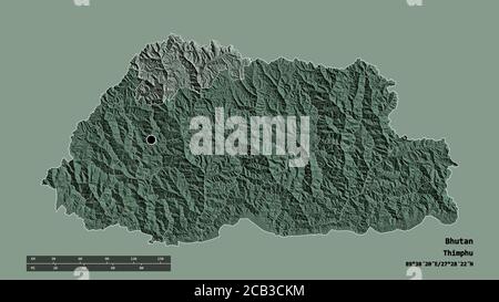 Entsättigte Form von Bhutan mit seiner Hauptstadt, der wichtigsten regionalen Teilung und der abgetrennten Gasa-Bereich. Beschriftungen. Farbige Höhenkarte. 3D-Rendering Stockfoto