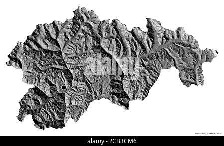 Form von Gasa, Bezirk von Bhutan, mit seiner Hauptstadt isoliert auf weißem Hintergrund. Höhenkarte mit zwei Ebenen. 3D-Rendering Stockfoto