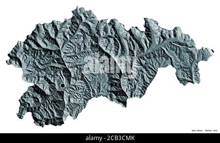 Form von Gasa, Bezirk von Bhutan, mit seiner Hauptstadt isoliert auf weißem Hintergrund. Farbige Höhenkarte. 3D-Rendering Stockfoto