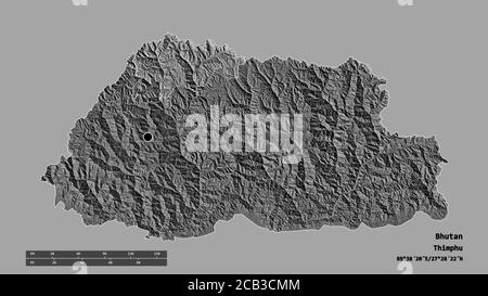 Entsättigte Form von Bhutan mit seiner Hauptstadt, der wichtigsten regionalen Teilung und der abgetrennten Gasa-Bereich. Beschriftungen. Höhenkarte mit zwei Ebenen. 3D-Rendering Stockfoto