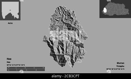 Form von Haa, Bezirk von Bhutan, und seine Hauptstadt. Entfernungsskala, Vorschauen und Beschriftungen. Höhenkarte mit zwei Ebenen. 3D-Rendering Stockfoto