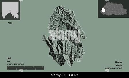 Form von Haa, Bezirk von Bhutan, und seine Hauptstadt. Entfernungsskala, Vorschauen und Beschriftungen. Farbige Höhenkarte. 3D-Rendering Stockfoto