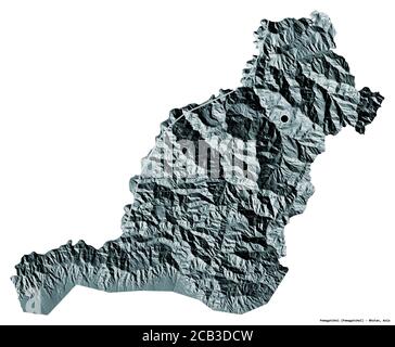 Form von Pemagatshel, Bezirk von Bhutan, mit seiner Hauptstadt auf weißem Hintergrund isoliert. Farbige Höhenkarte. 3D-Rendering Stockfoto