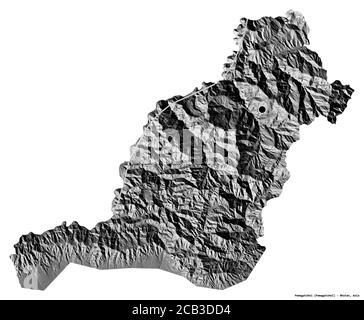 Form von Pemagatshel, Bezirk von Bhutan, mit seiner Hauptstadt auf weißem Hintergrund isoliert. Höhenkarte mit zwei Ebenen. 3D-Rendering Stockfoto