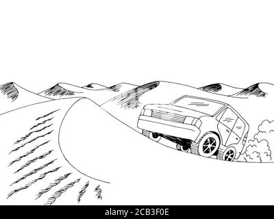 Wüste Auto Reise Grafik schwarz weiß Landschaft Skizze Illustration Vektor Stock Vektor