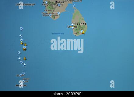 Flugverkehr über Sri lanka und Malediven, (10. august 2020, UTC 11.03) im Internet mit Flightradar 24 Website, während der Coronavirus Pandemie Stockfoto