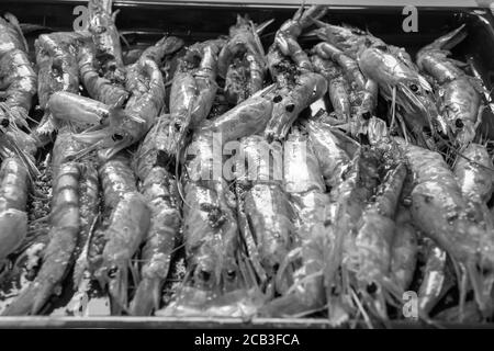 Eine Platte mit großen, King-Size-Garnelen in schwarz-weiß und monochrom. Sie bereiteten in Knoblauchbutter zum Grillen und Verzehren vor. Entkettete Garnelen. Stockfoto
