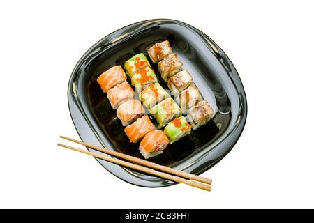 Schwarzer Teller mit verschiedenen Rollen. Food-Konzept. Isoliert. Weißer Hintergrund Stockfoto