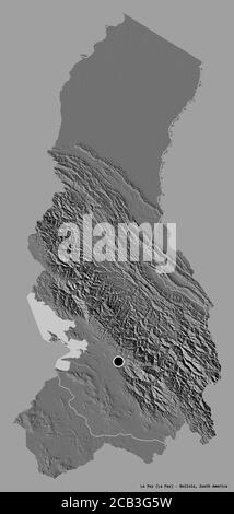 Form von La Paz, Department of Bolivia, mit seiner Hauptstadt isoliert auf einem einfarbigen Hintergrund. Höhenkarte mit zwei Ebenen. 3D-Rendering Stockfoto