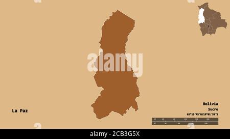 Form von La Paz, Abteilung von Bolivien, mit seiner Hauptstadt auf festem Hintergrund isoliert. Entfernungsskala, Regionenvorschau und Beschriftungen. Zusammensetzung von patte Stockfoto