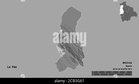 Form von La Paz, Abteilung von Bolivien, mit seiner Hauptstadt auf festem Hintergrund isoliert. Entfernungsskala, Regionenvorschau und Beschriftungen. Höhe der Bilevel ma Stockfoto