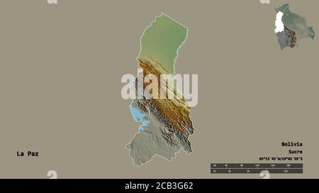 Form von La Paz, Abteilung von Bolivien, mit seiner Hauptstadt auf festem Hintergrund isoliert. Entfernungsskala, Regionenvorschau und Beschriftungen. Topografisches Relief m Stockfoto
