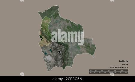 Entsättigte Form Boliviens mit seiner Hauptstadt, der wichtigsten regionalen Teilung und dem abgetrennten La Paz-Gebiet. Beschriftungen. Satellitenbilder. 3D-Rendering Stockfoto