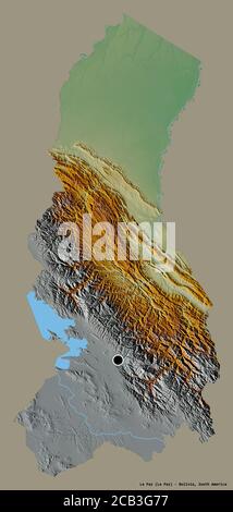 Form von La Paz, Department of Bolivia, mit seiner Hauptstadt isoliert auf einem einfarbigen Hintergrund. Topografische Reliefkarte. 3D-Rendering Stockfoto