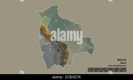 Entsättigte Form Boliviens mit seiner Hauptstadt, der wichtigsten regionalen Teilung und dem abgetrennten La Paz-Gebiet. Beschriftungen. Topografische Reliefkarte. 3D-Rendering Stockfoto
