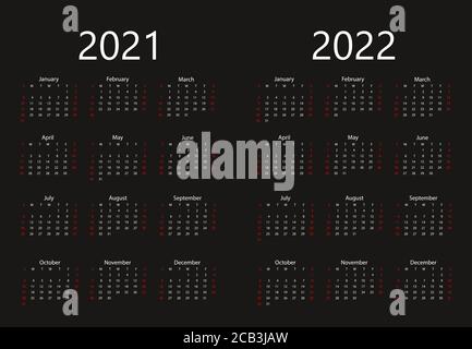 2021, 2022 Kalender, Woche beginnt Sonntag. Vektorgrafik, flache Ausführung. Stock Vektor