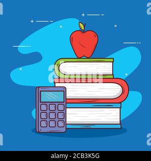 Pile Bücher mit Rechner und Apfelfrucht Stock Vektor